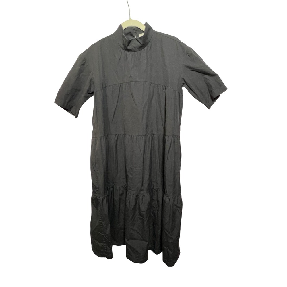 Everlane Black Cotton Poplin Tiered Mock Neck Midi Dress Short Sleeve‎ Small